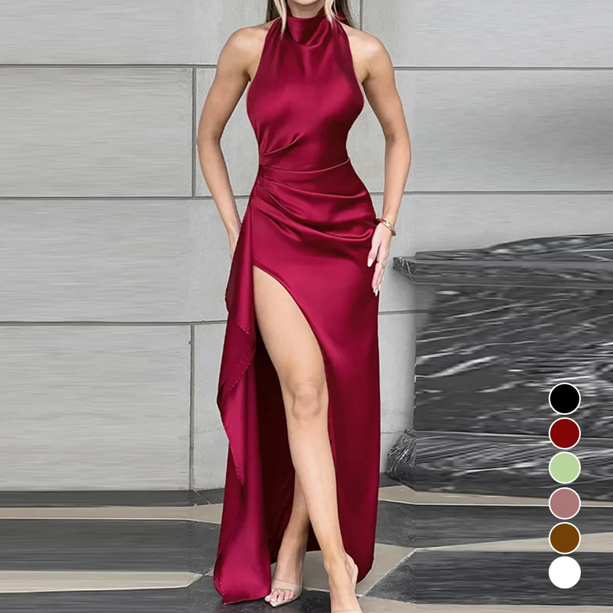 2026 New Arrival Women Round Neck Sexy Ruched Backless Bodycon Maxi Dress Split Long Dress